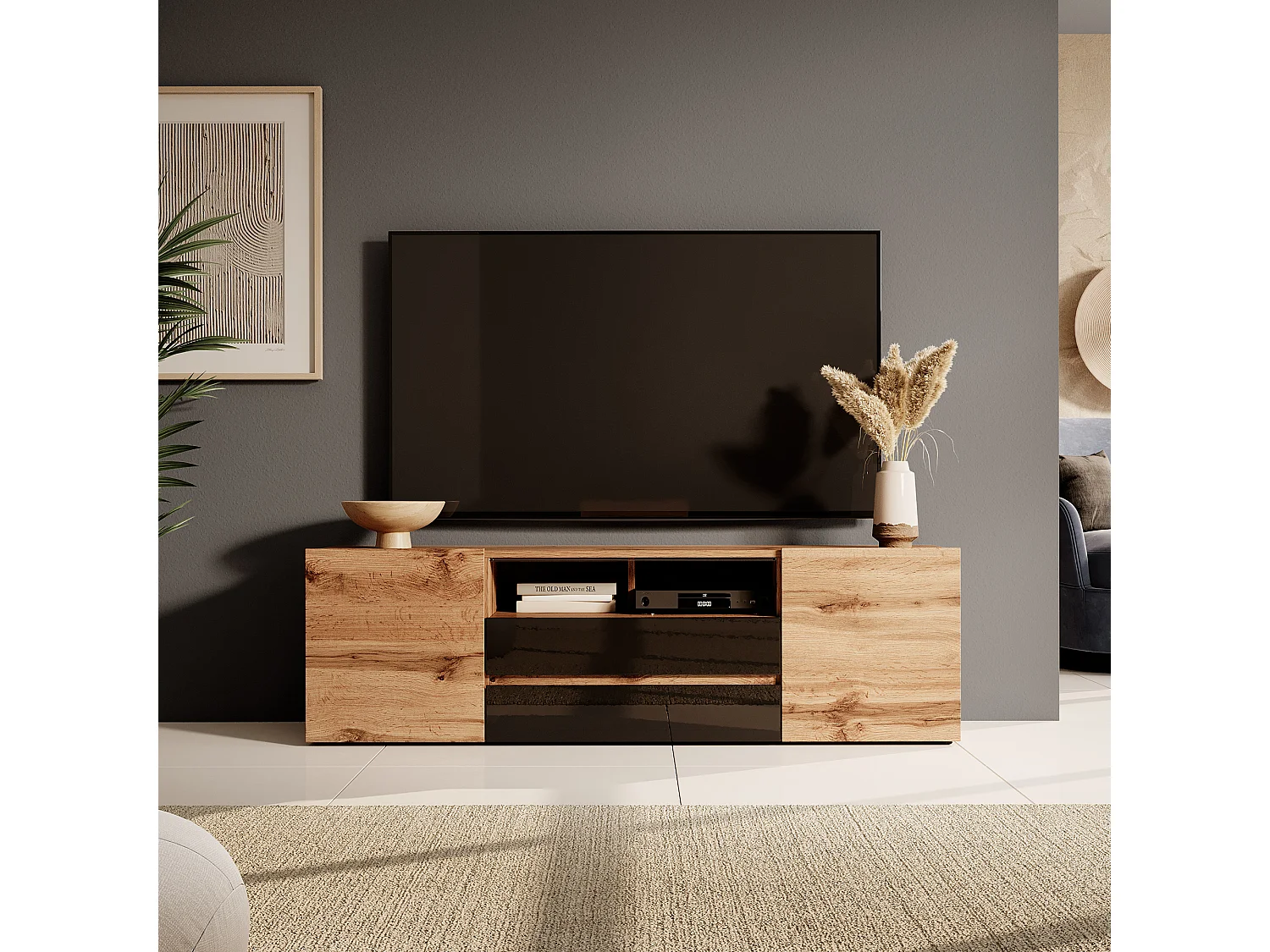 Mobile TV / Tavolino TV Per Salotto / Porta TV con Scomparti / Luci LED (Quercia Dorata / Nero Lucido) - Bros