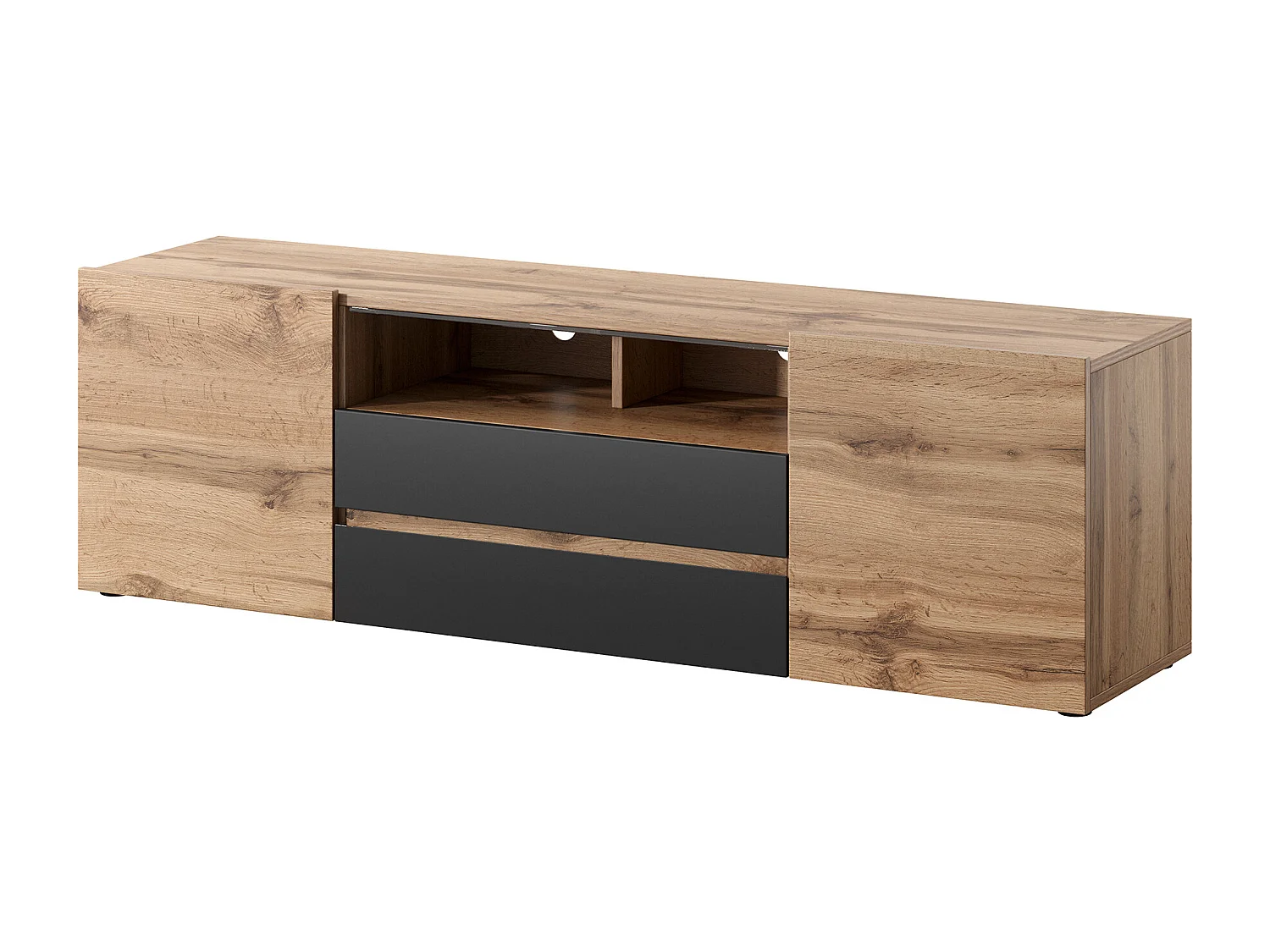 Mobile TV / Tavolino TV Per Salotto / Porta TV con Scomparti / Luci LED (Quercia Dorata / Nero Lucido) - Bros