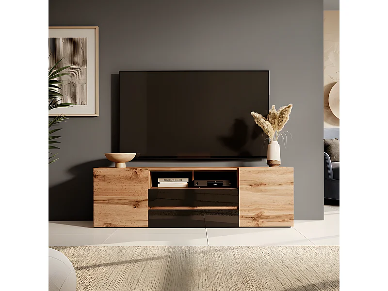 Meuble tv / Banc tv (chêne wotan / noir brillant, 137 cm, avec LED) - BROS