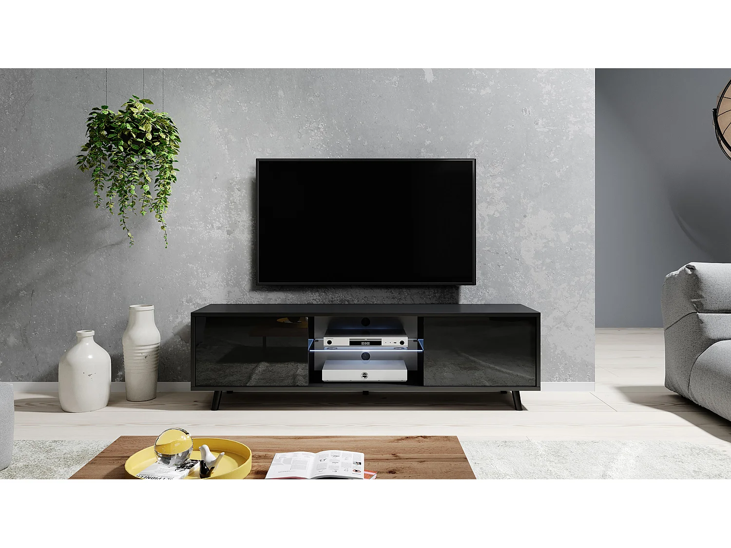 Fernsehschrank / modernes TV-Board mit Füßen und LED - 140 cm breit - Schwarz Matt / Schwarz Hochglanz - LEFYR