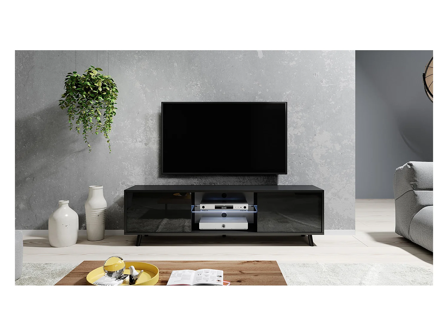 Meuble tv / Banc tv - 140 cm - noir mat / noir brillant, éclairage LED - LEFYR