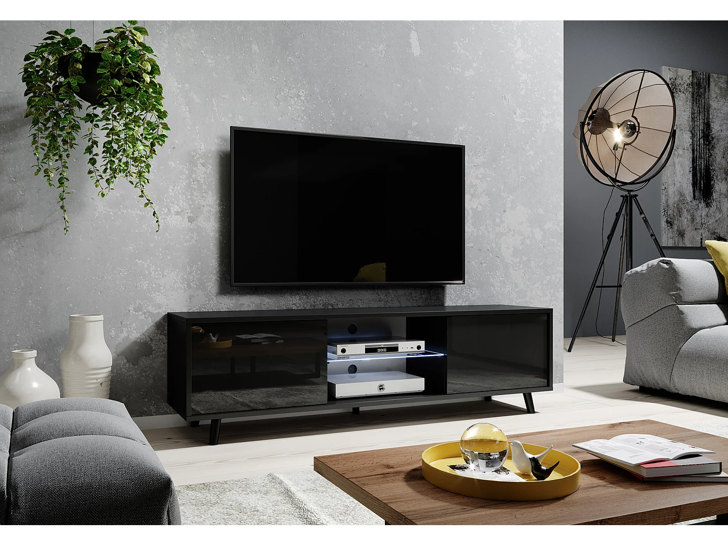 Meuble tv / Banc tv - 140 cm - noir mat / noir brillant, éclairage LED - LEFYR