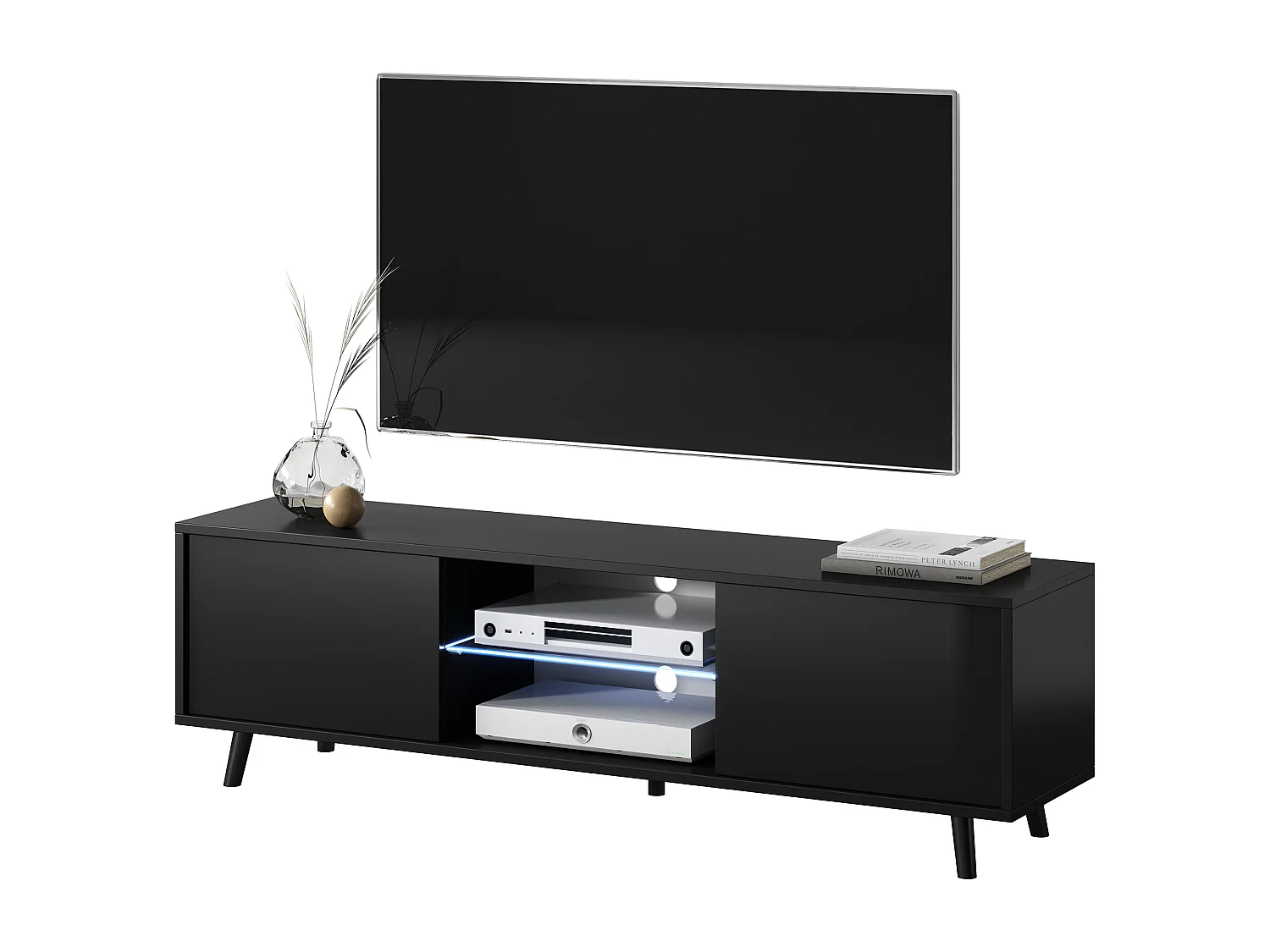 TV-Ständer / TV-Bank - 140 cm - Mattschwarz / Hochglanzschwarz, LED-Beleuchtung - LEFYR