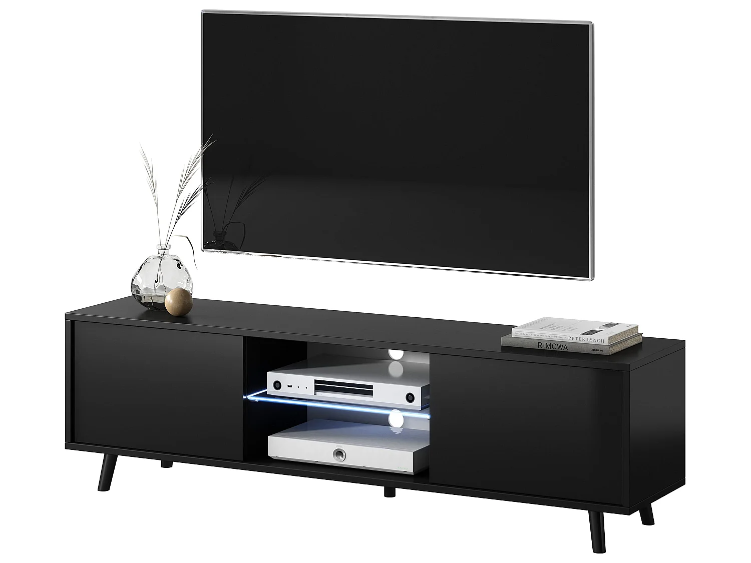 Meuble tv / Banc tv - 140 cm - noir mat / noir brillant, éclairage LED - LEFYR