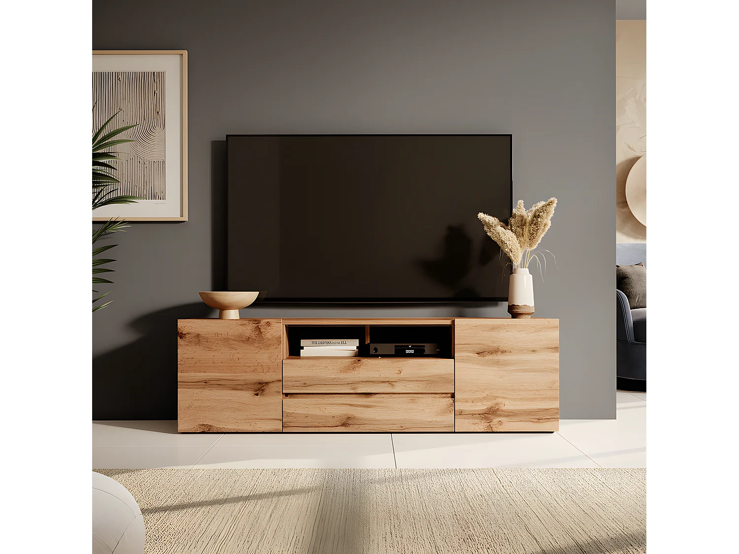 TV-Lowboard matte Holzoptik Wotan Eiche mit LED-Beleuchtung, stehend, modern, 137 cm - Bros