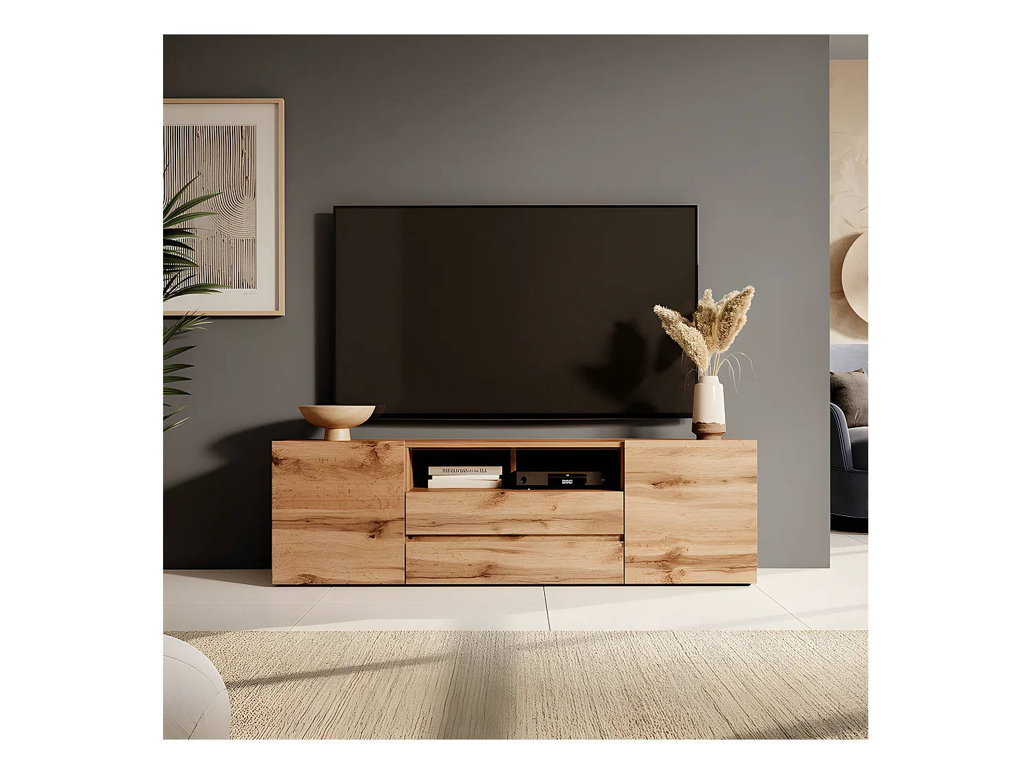 Meuble tv / Banc tv (chêne wotan, 137 cm, avec LED) - BROS