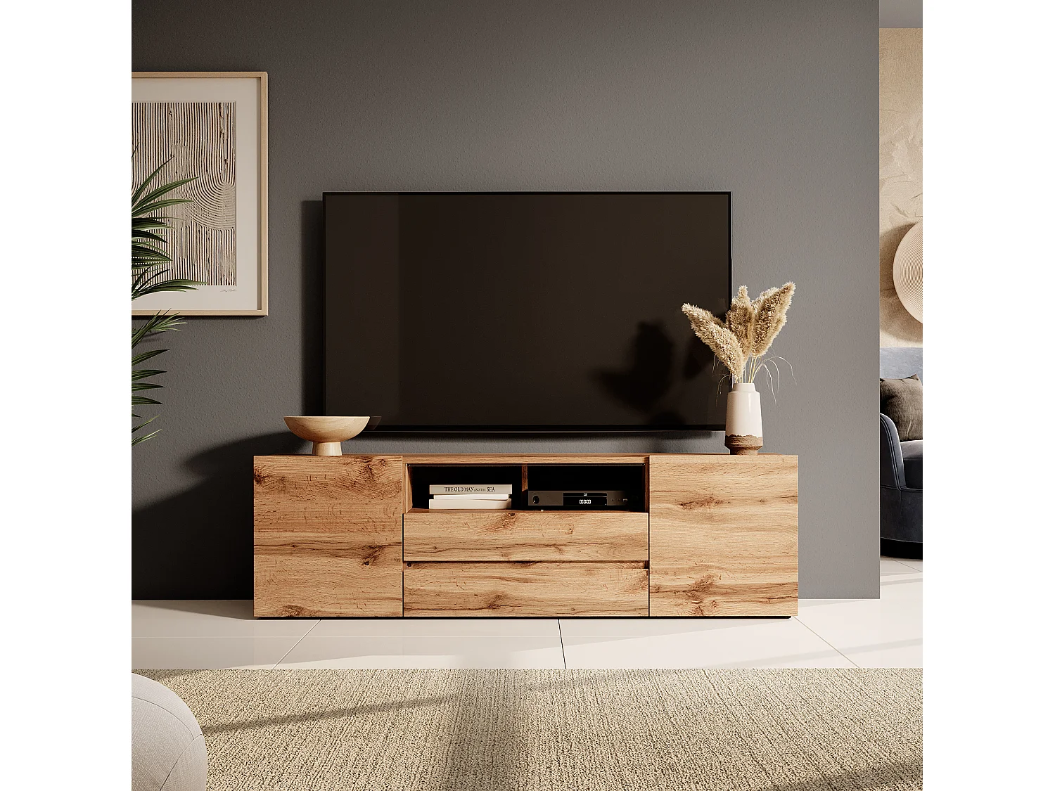 Meuble tv / Banc tv (chêne wotan, 137 cm, avec LED) - BROS