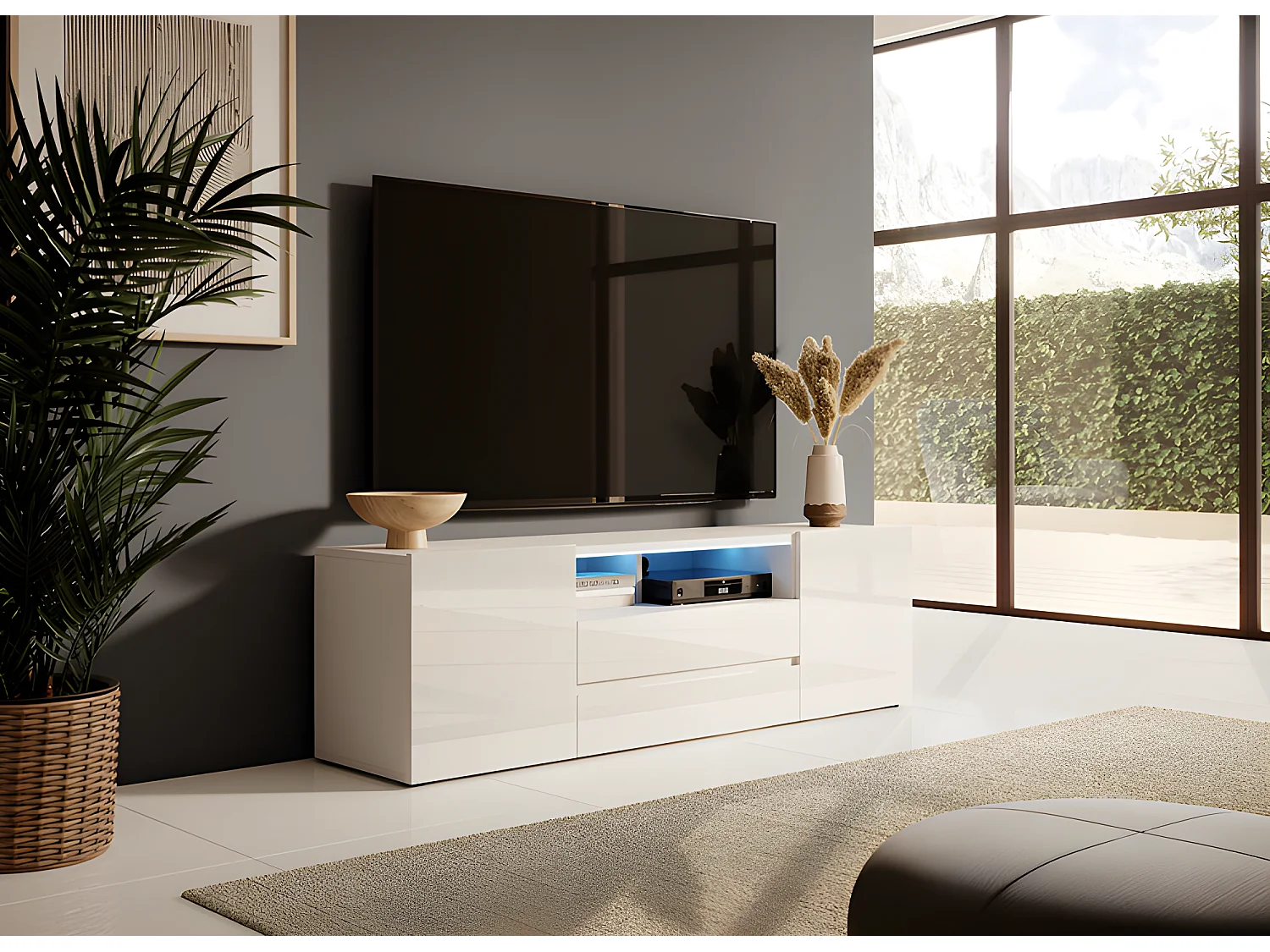 Mobile TV / Tavolino TV Per Salotto / Porta TV con Scomparti / Luci LED (Bianco Opaco / Bianco Lucido) - Bros