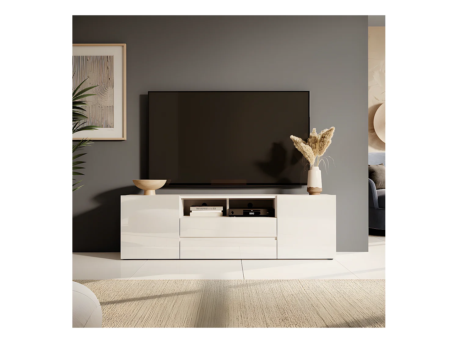 Meuble tv / Banc tv (blanc mat / blanc brillant, 137 cm, avec LED) - BROS