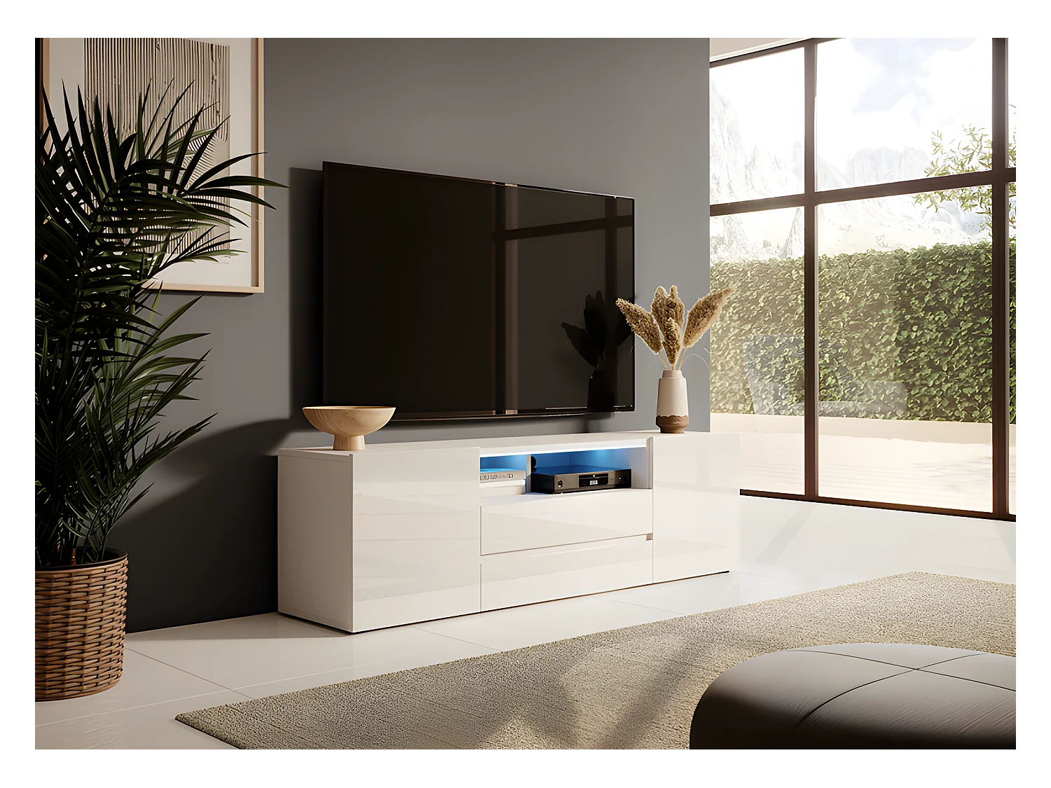 Meuble tv / Banc tv (blanc mat / blanc brillant, 137 cm, avec LED) - BROS