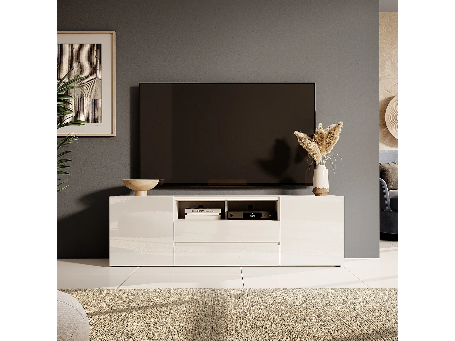 Meuble tv / Banc tv (blanc mat / blanc brillant, 137 cm, avec LED) - BROS