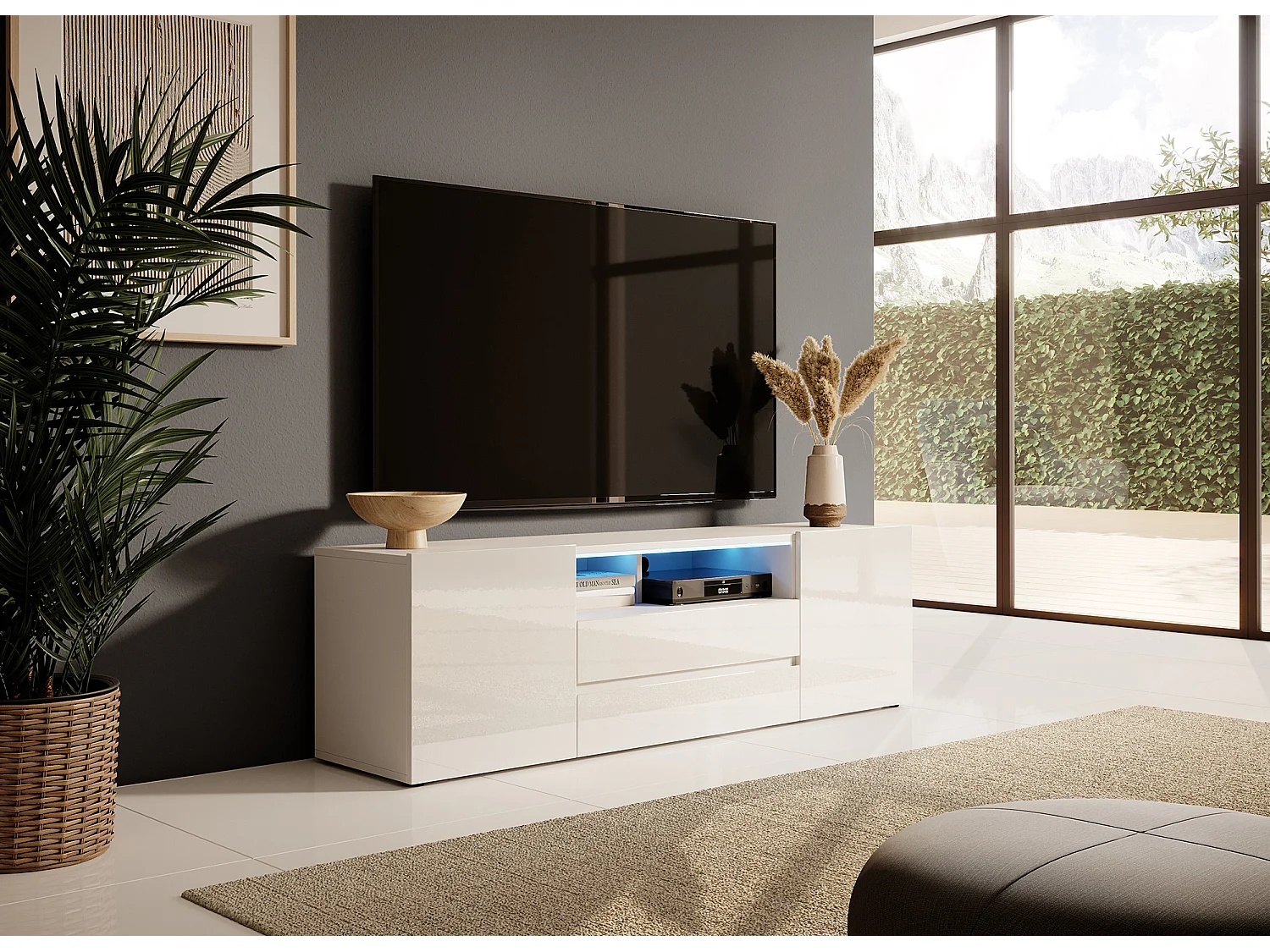 Meuble tv / Banc tv (blanc mat / blanc brillant, 137 cm, avec LED) - BROS