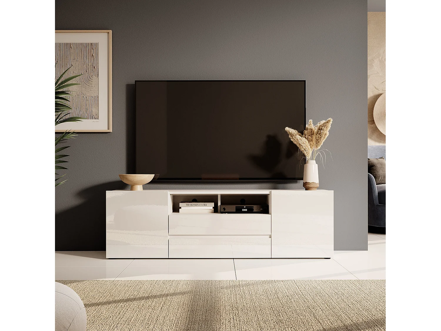 Meuble tv / Banc tv (blanc mat / blanc brillant, 137 cm, avec LED) - BROS