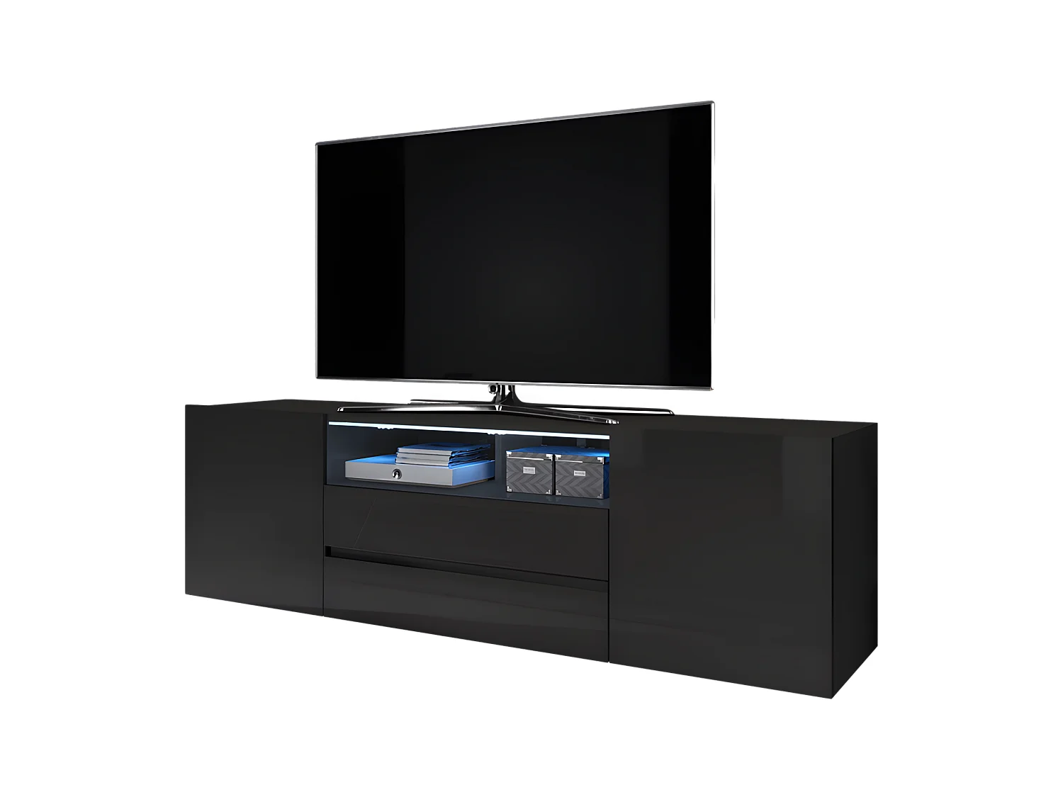 TV-meubel / TV-bank (mat zwart / glanzend zwart, 137 cm, met LED) - BROS