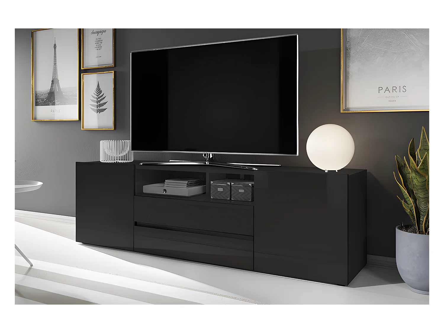 Meuble tv / Banc tv (noir mat / noir brillant, 137 cm, avec LED) - BROS