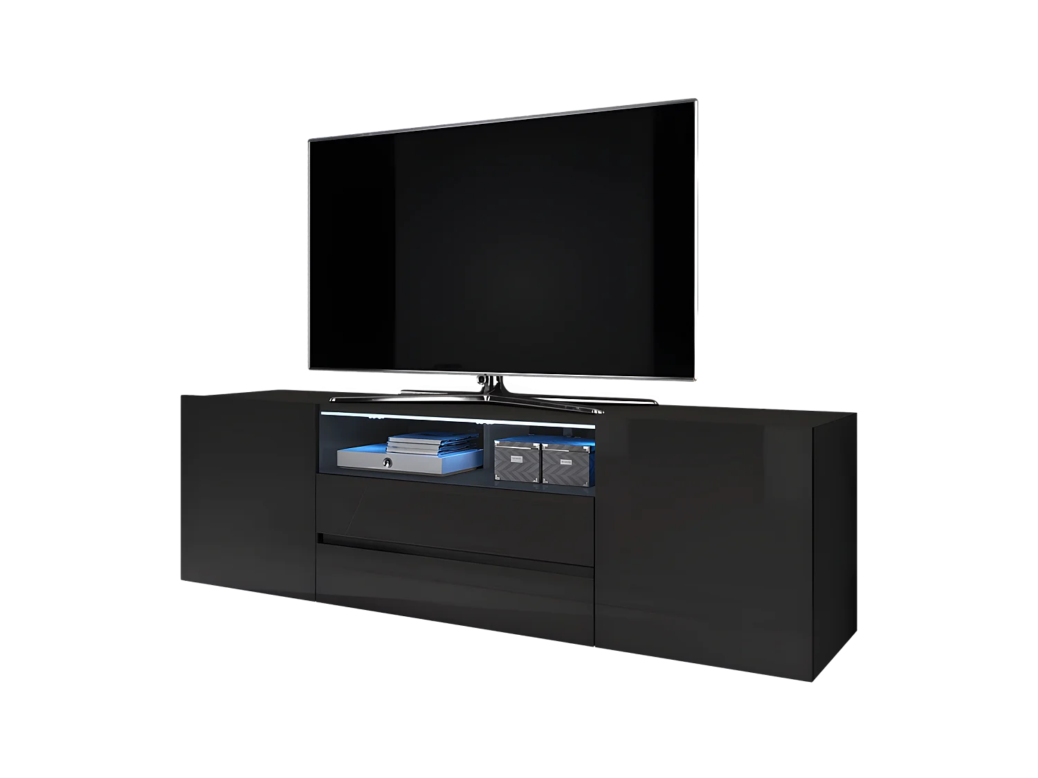 TV-meubel / TV-bank (mat zwart / glanzend zwart, 137 cm, met LED) - BROS