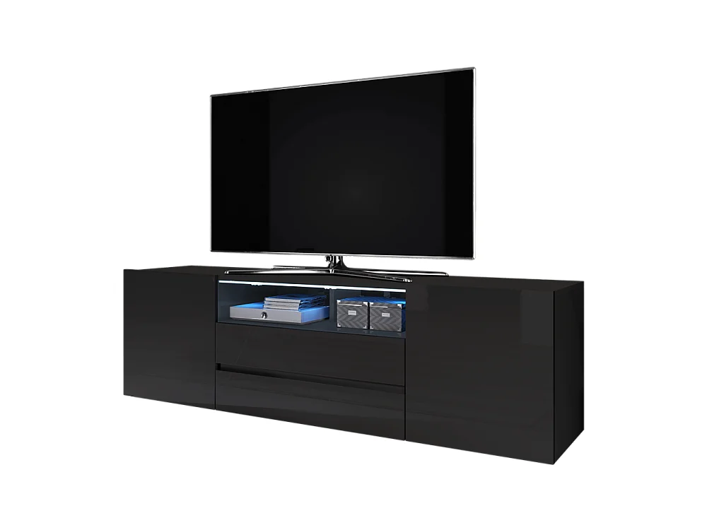 Meuble tv / Banc tv (noir mat / noir brillant, 137 cm, avec LED) - BROS