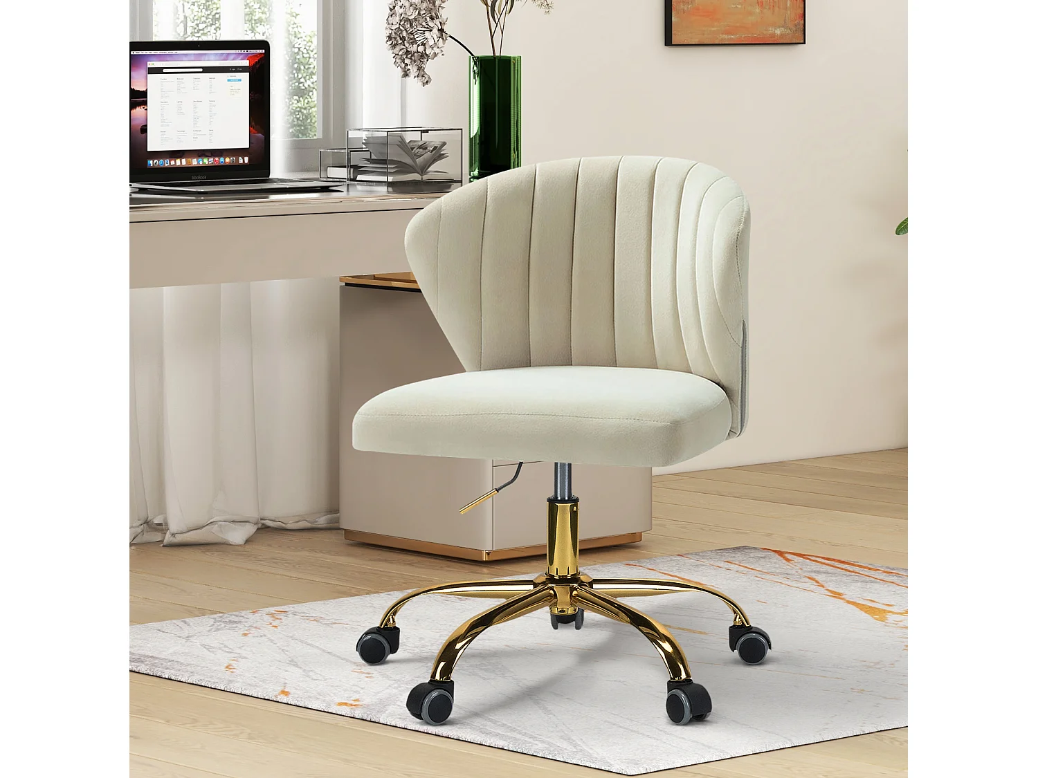 Chaise de Bureau Moderne Pivotante à 360°, Chaise Coquille Ergonomique, Fauteuil de Bureau Mignonne en Velours , Siège Roulante Pivotante à Dossier Bas Réglable-Blanc