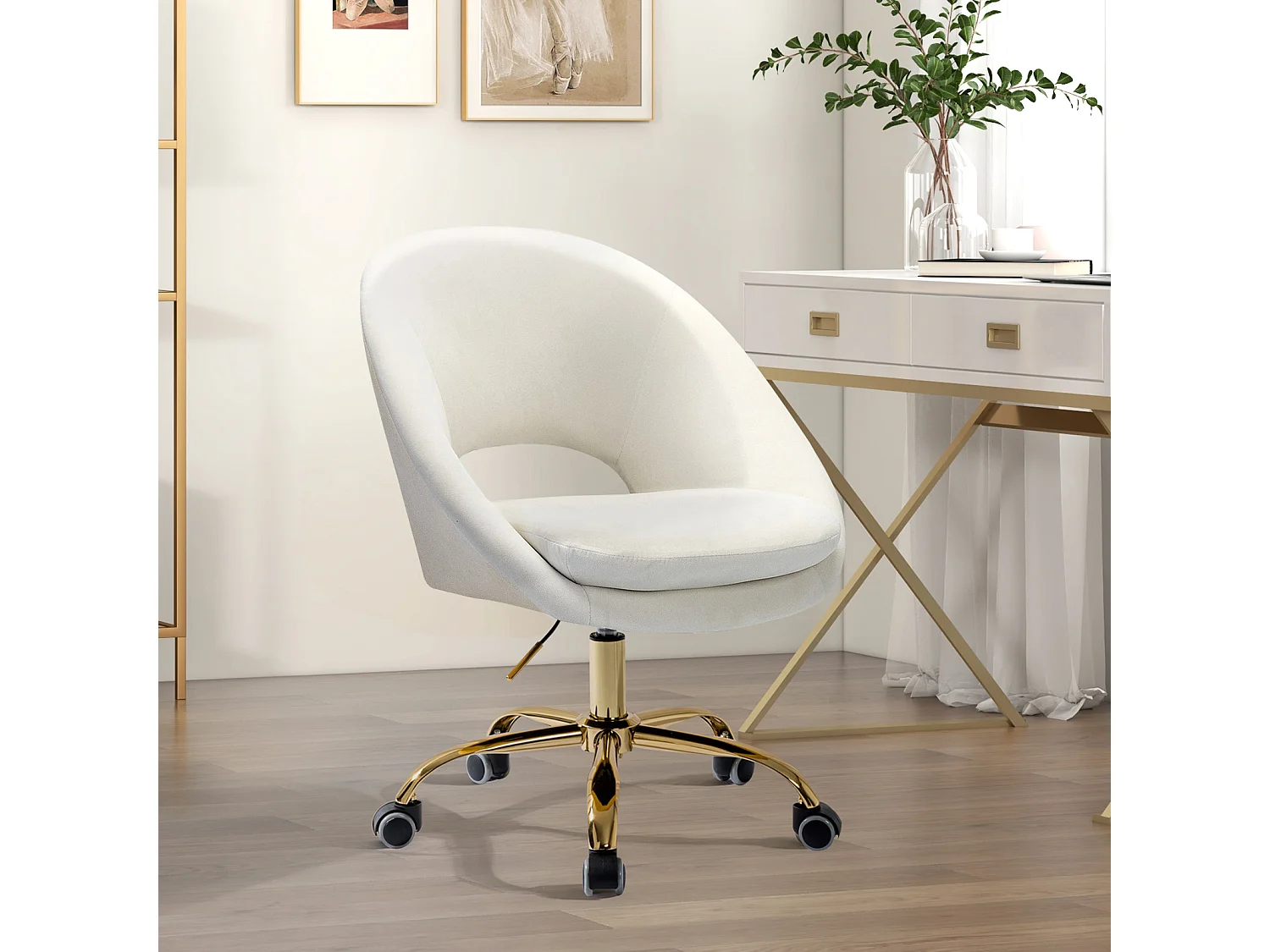 Chaise de Bureau Pivotante Fauteuil de Bureau en Velours Confortable Siège Ergonomique d' Ordinateur Réglable en Hauteur & Coussin-Blanc