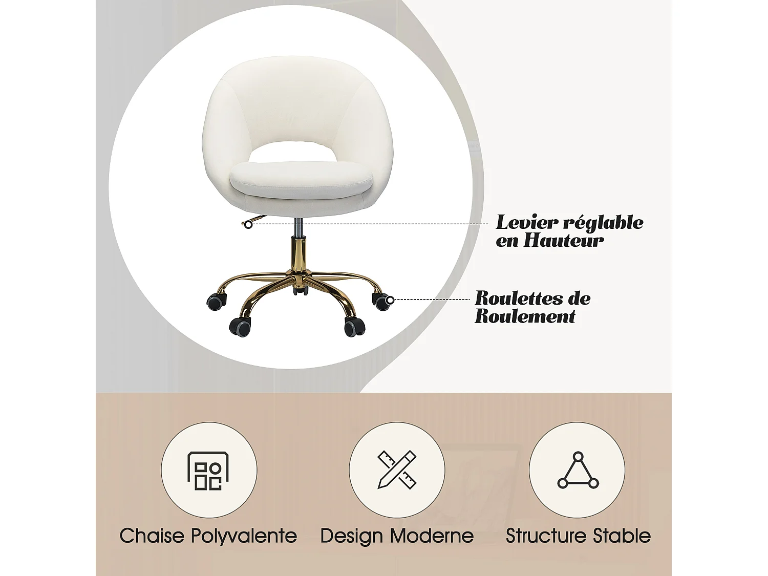 Chaise de Bureau Pivotante Fauteuil de Bureau en Velours Confortable Siège Ergonomique d' Ordinateur Réglable en Hauteur & Coussin-Blanc