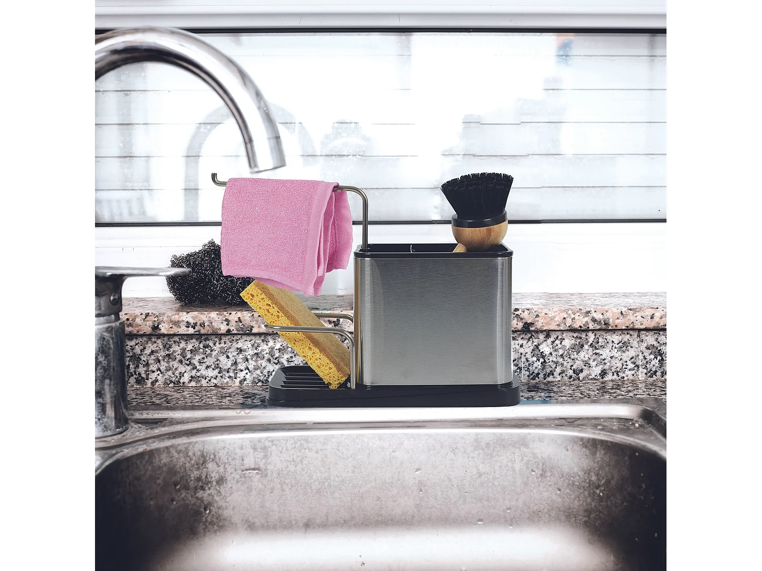 Porte Eponge Et Brosse Inox 22x10x13cm Argent, Noir