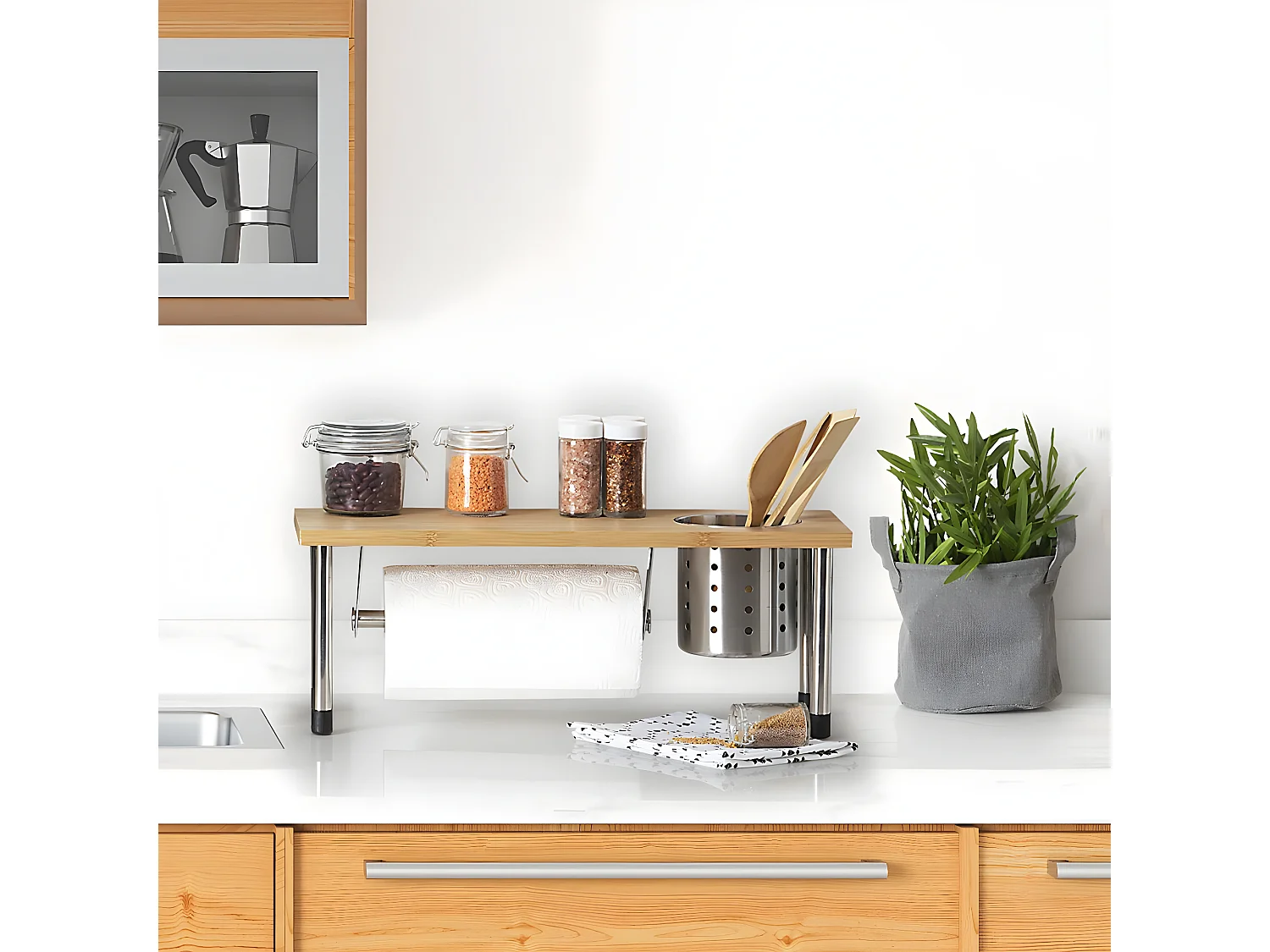 Etagère Porte Ustensile & Essuie Tout "Bambou" 55cm Naturel