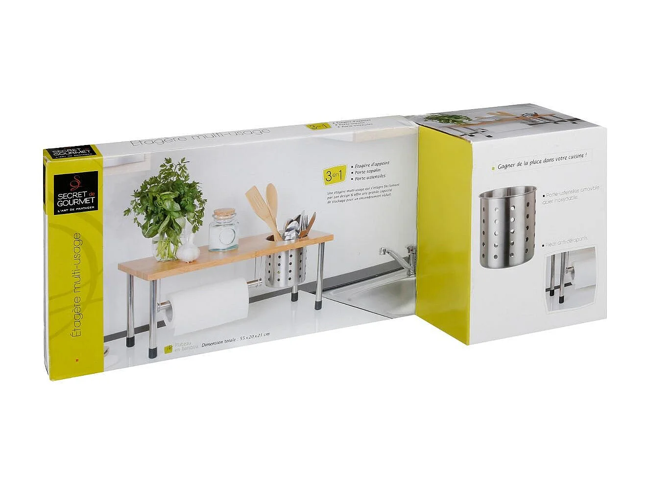 Etagère Porte Ustensile & Essuie Tout "Bambou" 55cm Naturel