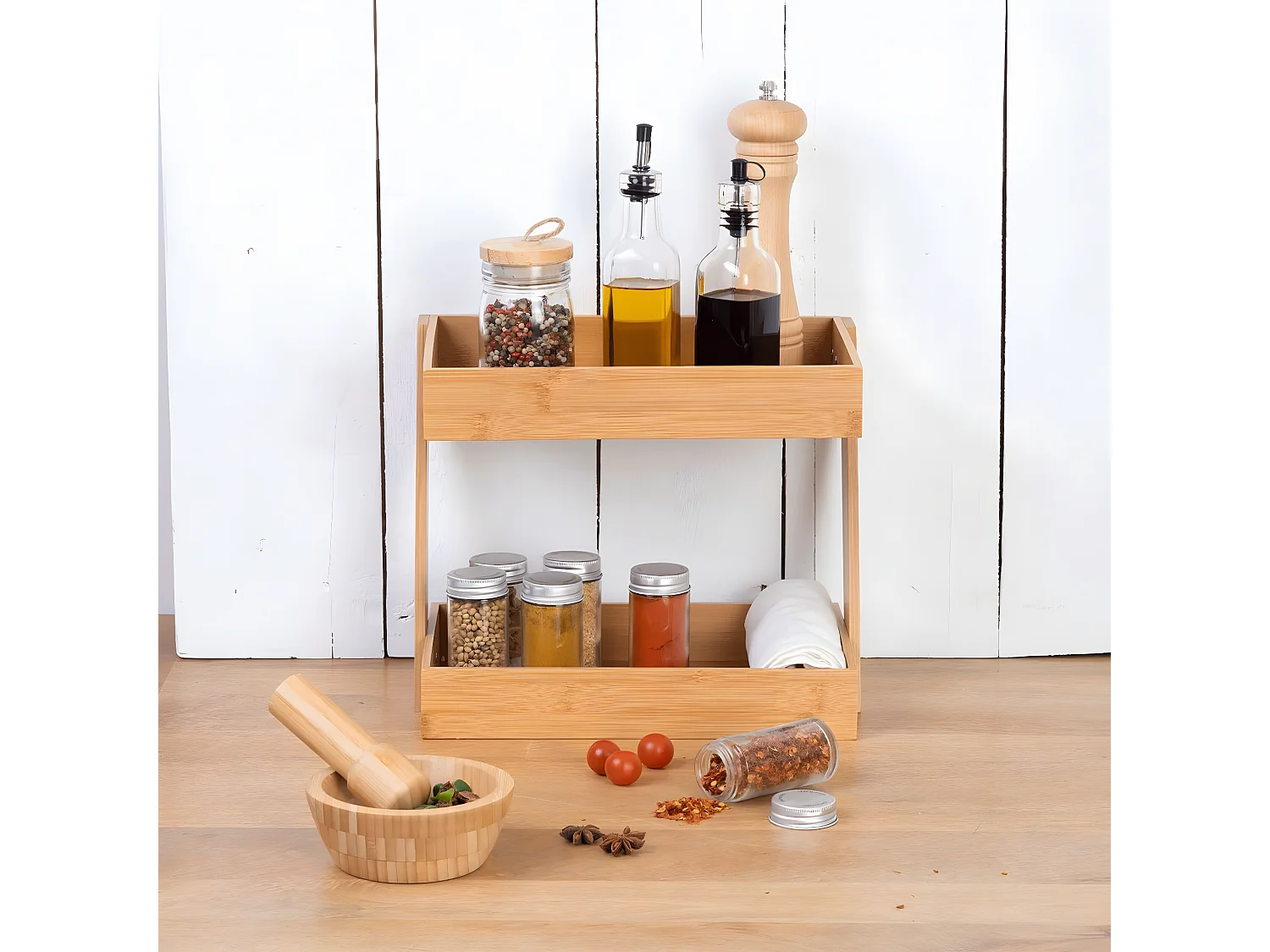 Organiseur 2 Plateaux "Bambou" 31cm Beige