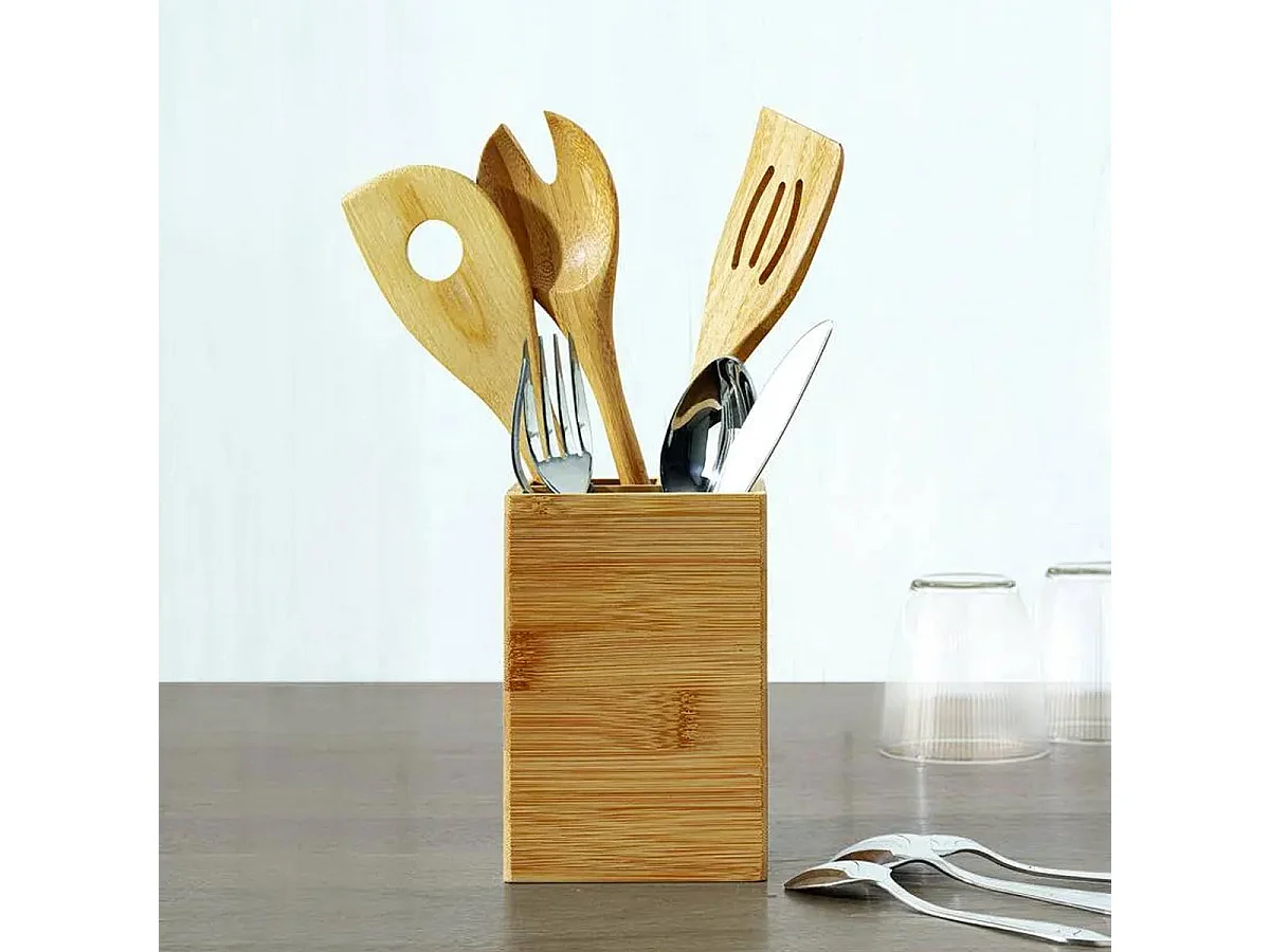 Pot à Ustensiles Carré "Bambou" 15cm Naturel