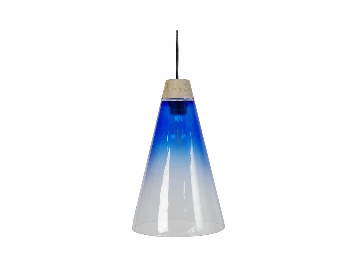 Suspension cone bois, verre bleu 90 cm.
