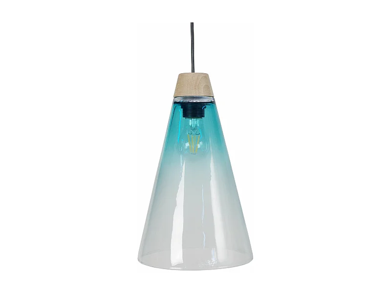 Suspension cone bois, verre turquoise 90 cm.