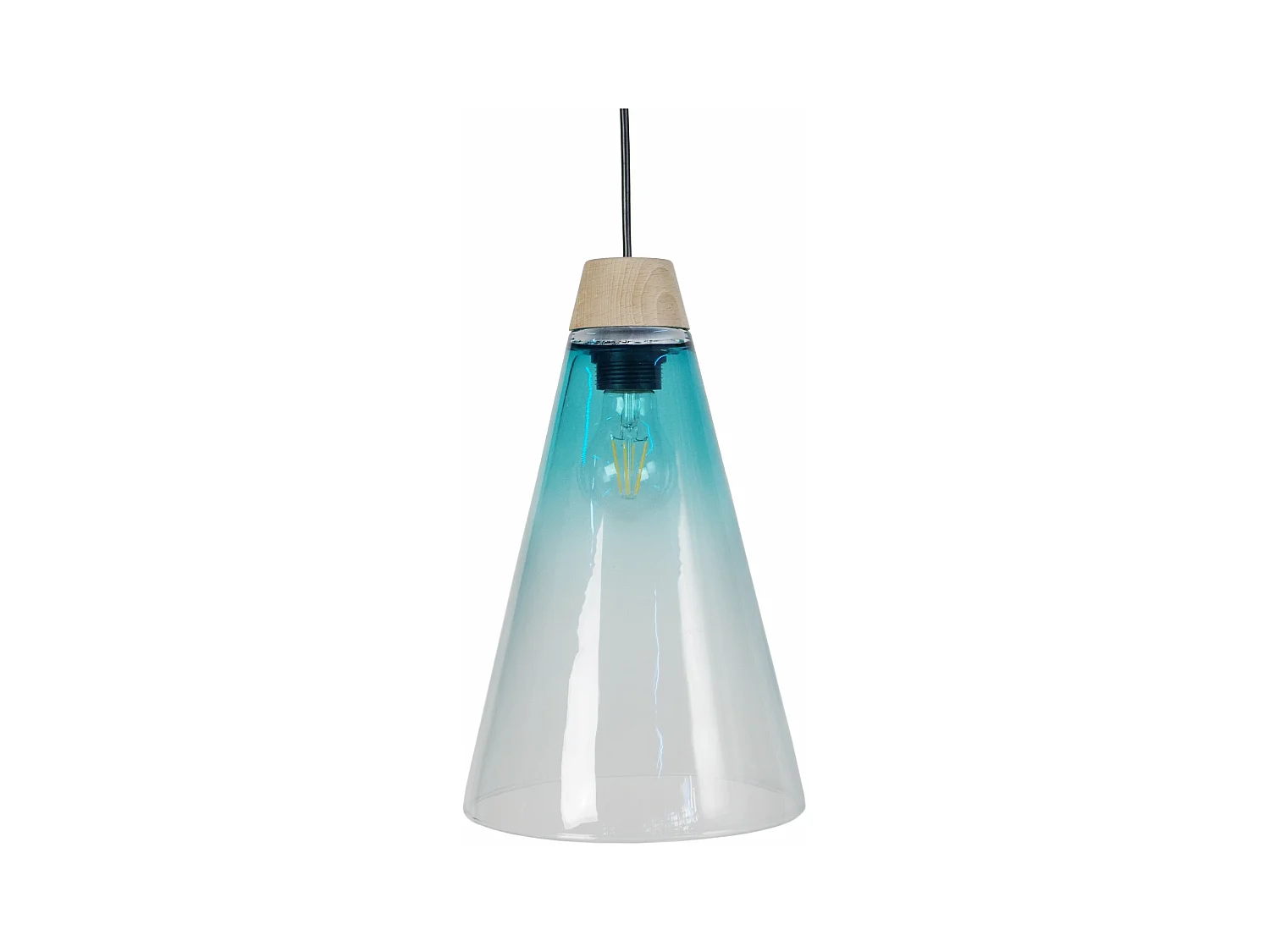 Suspension cone bois, verre turquoise 90 cm.