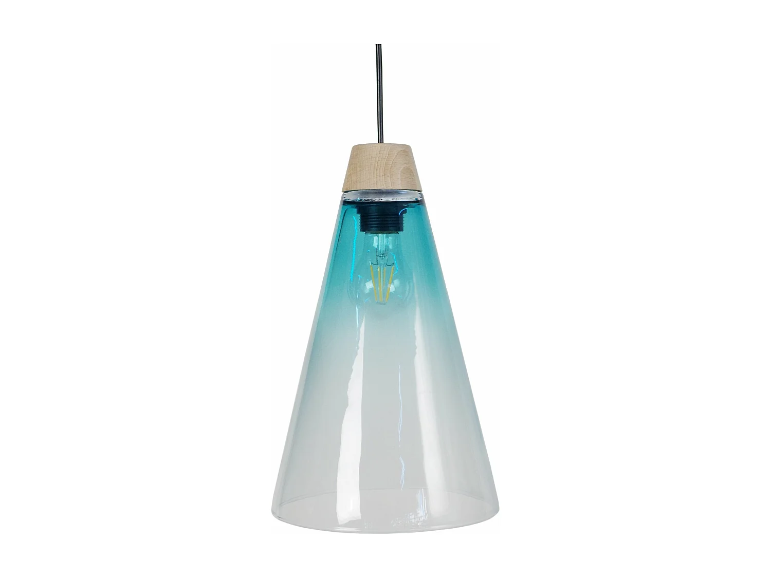 Suspension cone bois, verre turquoise 90 cm.