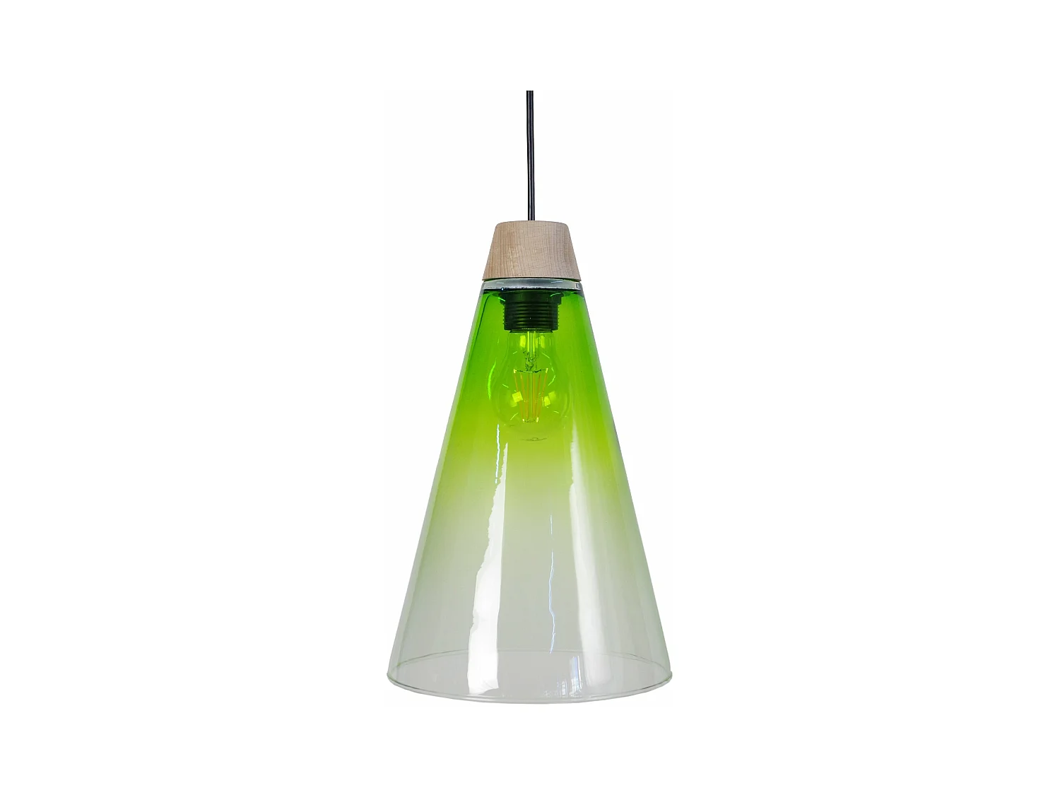 Suspension cone bois, verre vert 90 cm.