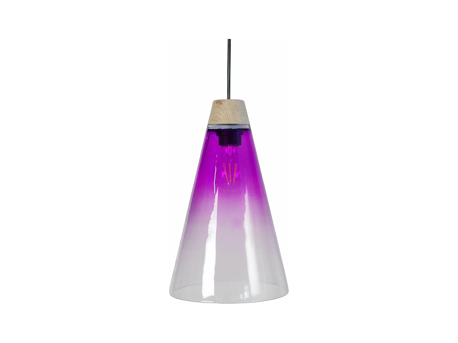 Suspension cone bois, verre rose 90 cm.
