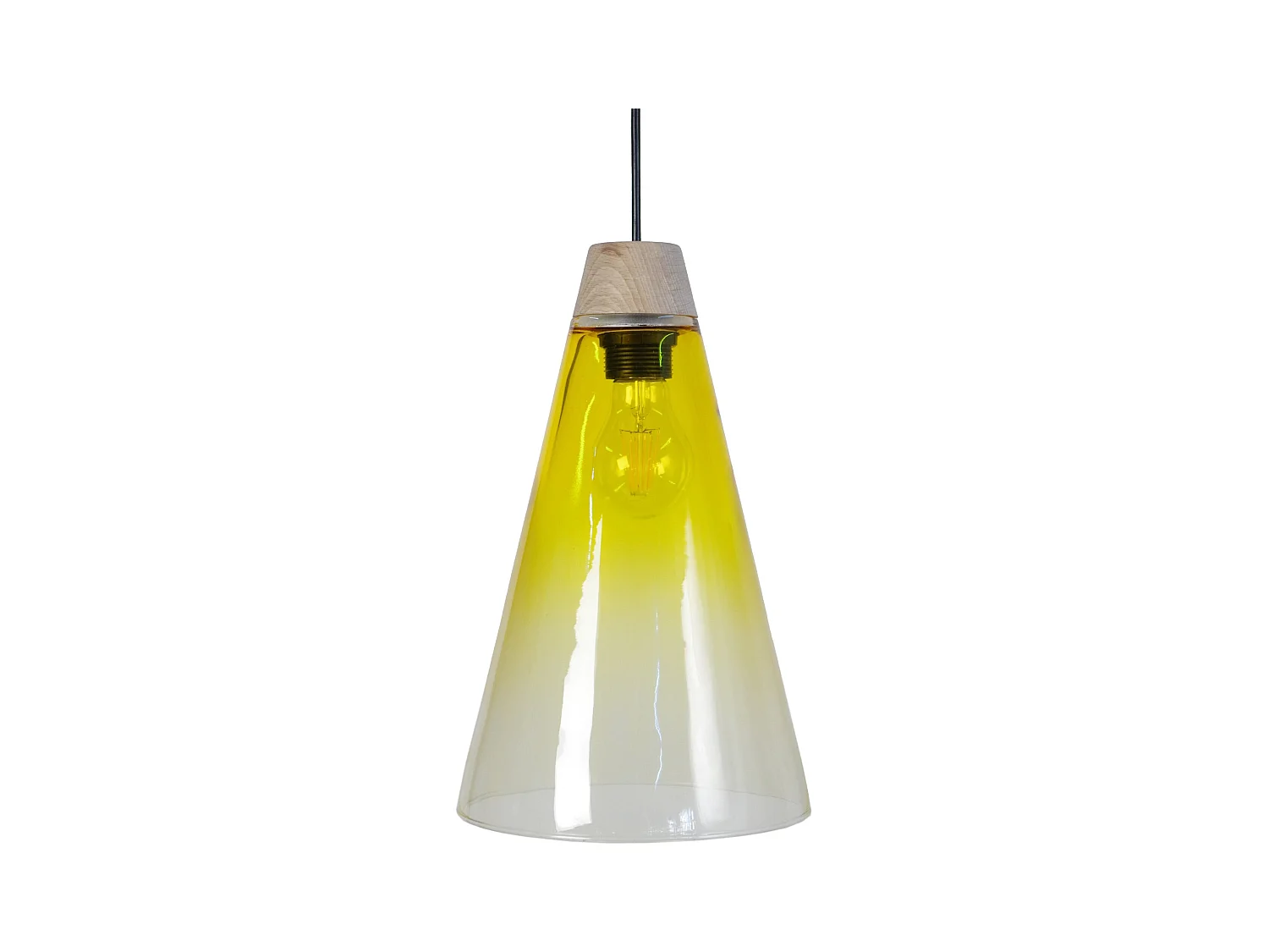 Suspension cone bois, verre ambre 90 cm.