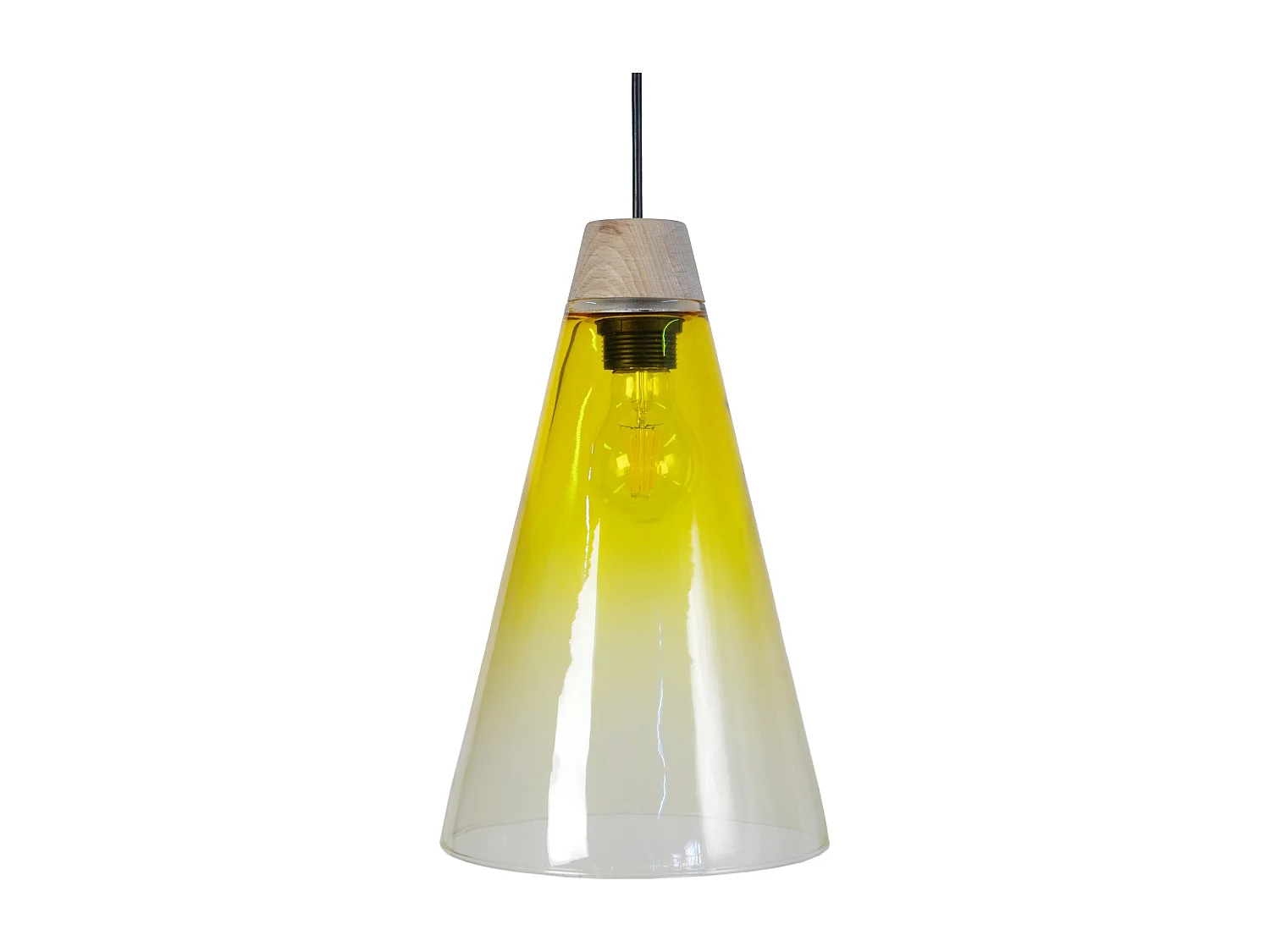 Suspension cone bois, verre ambre 90 cm.