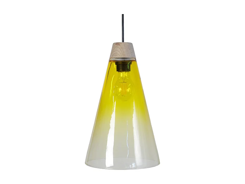 Suspension cone bois, verre ambre 90 cm.
