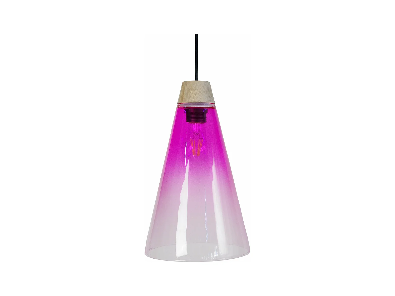 Suspension cone bois, verre violet 90 cm.