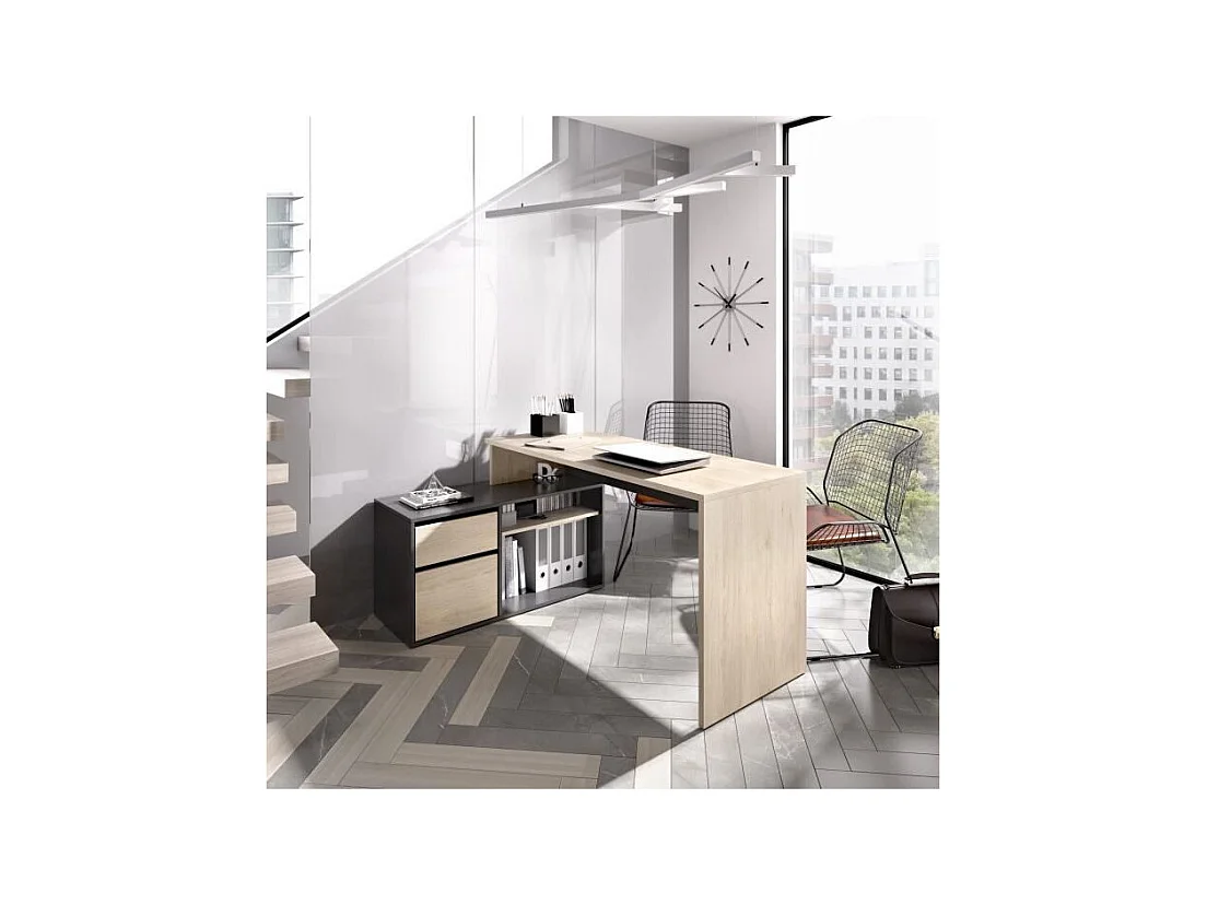 Escritorio de esquina reversible con almacenamiento lateral y cajón - Decoración de roble y gris - L 139 x P 92 x H 75 cm
