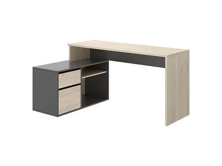 Escritorio de esquina reversible con almacenamiento lateral y cajón - Decoración de roble y gris - L 139 x P 92 x H 75 cm