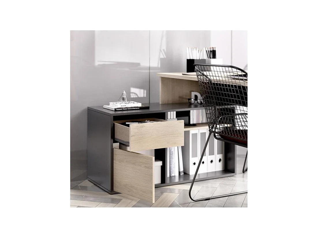 Escritorio de esquina reversible con almacenamiento lateral y cajón - Decoración de roble y gris - L 139 x P 92 x H 75 cm