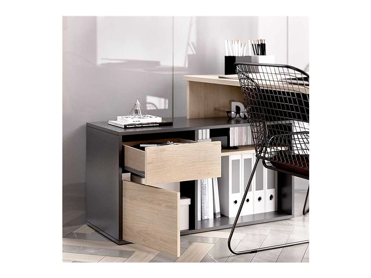 Escritorio de esquina reversible con almacenamiento lateral y cajón - Decoración de roble y gris - L 139 x P 92 x H 75 cm