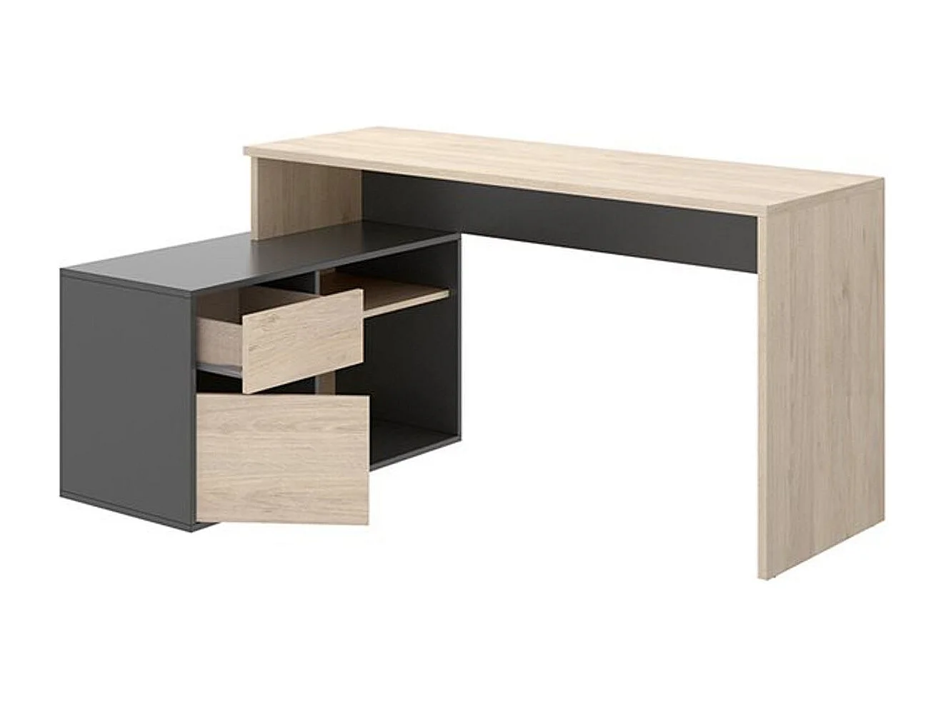 Escritorio de esquina reversible con almacenamiento lateral y cajón - Decoración de roble y gris - L 139 x P 92 x H 75 cm