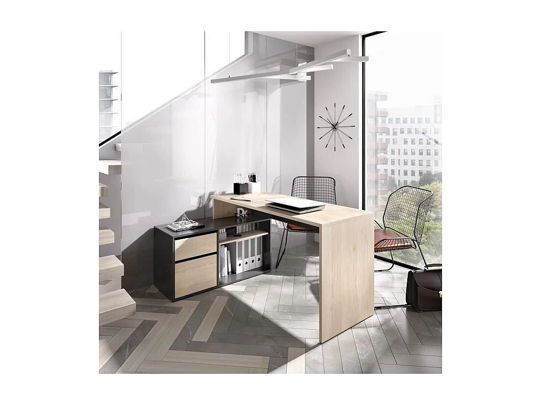 Bureau d'angle reversible 1 tiroir + 1 porte - Décor chene et gris - L 139 x P 92 x H 75 cm - ROX