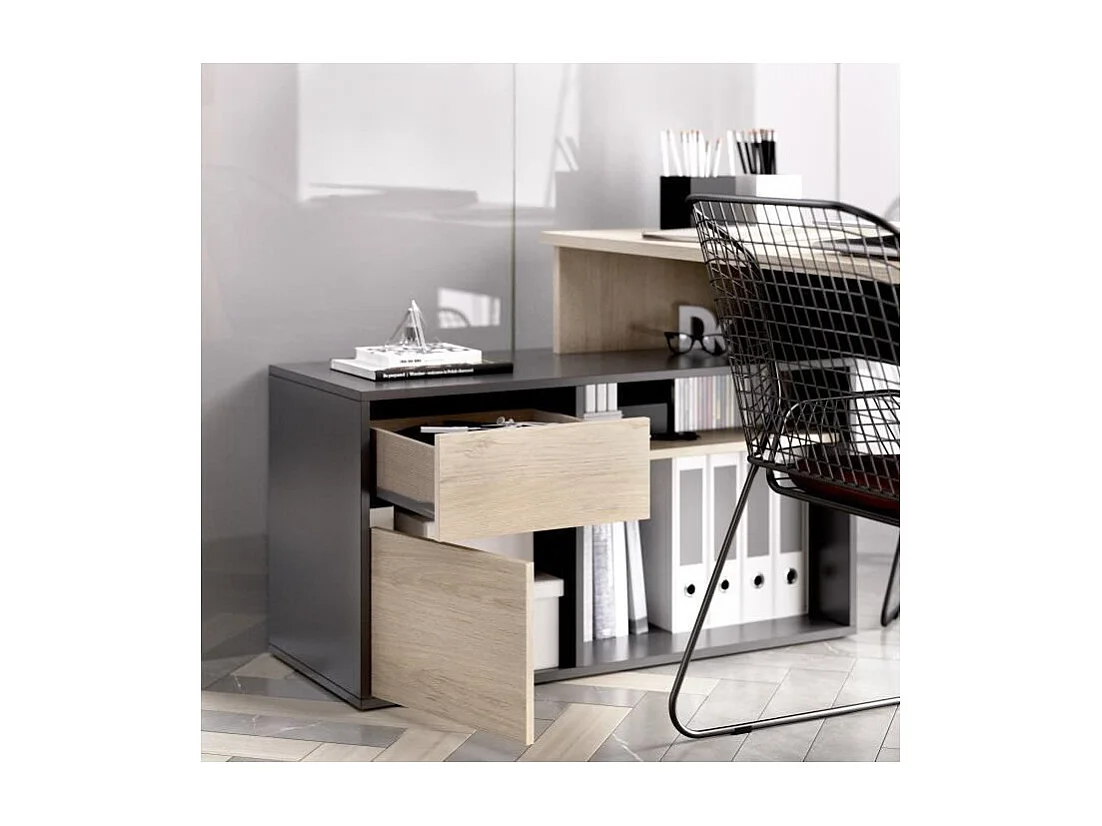 Bureau d'angle reversible 1 tiroir + 1 porte - Décor chene et gris - L 139 x P 92 x H 75 cm - ROX