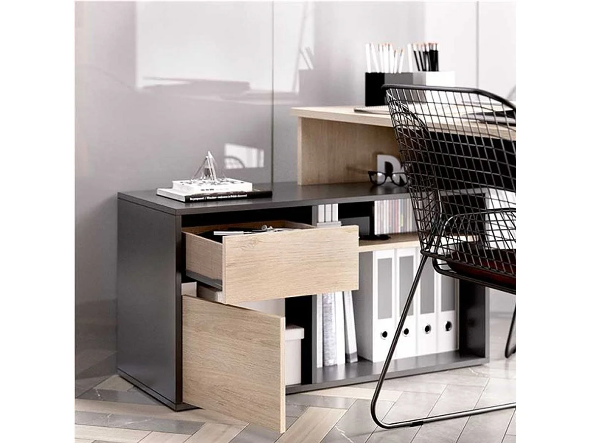 Bureau d'angle reversible 1 tiroir + 1 porte - Décor chene et gris - L 139 x P 92 x H 75 cm - ROX