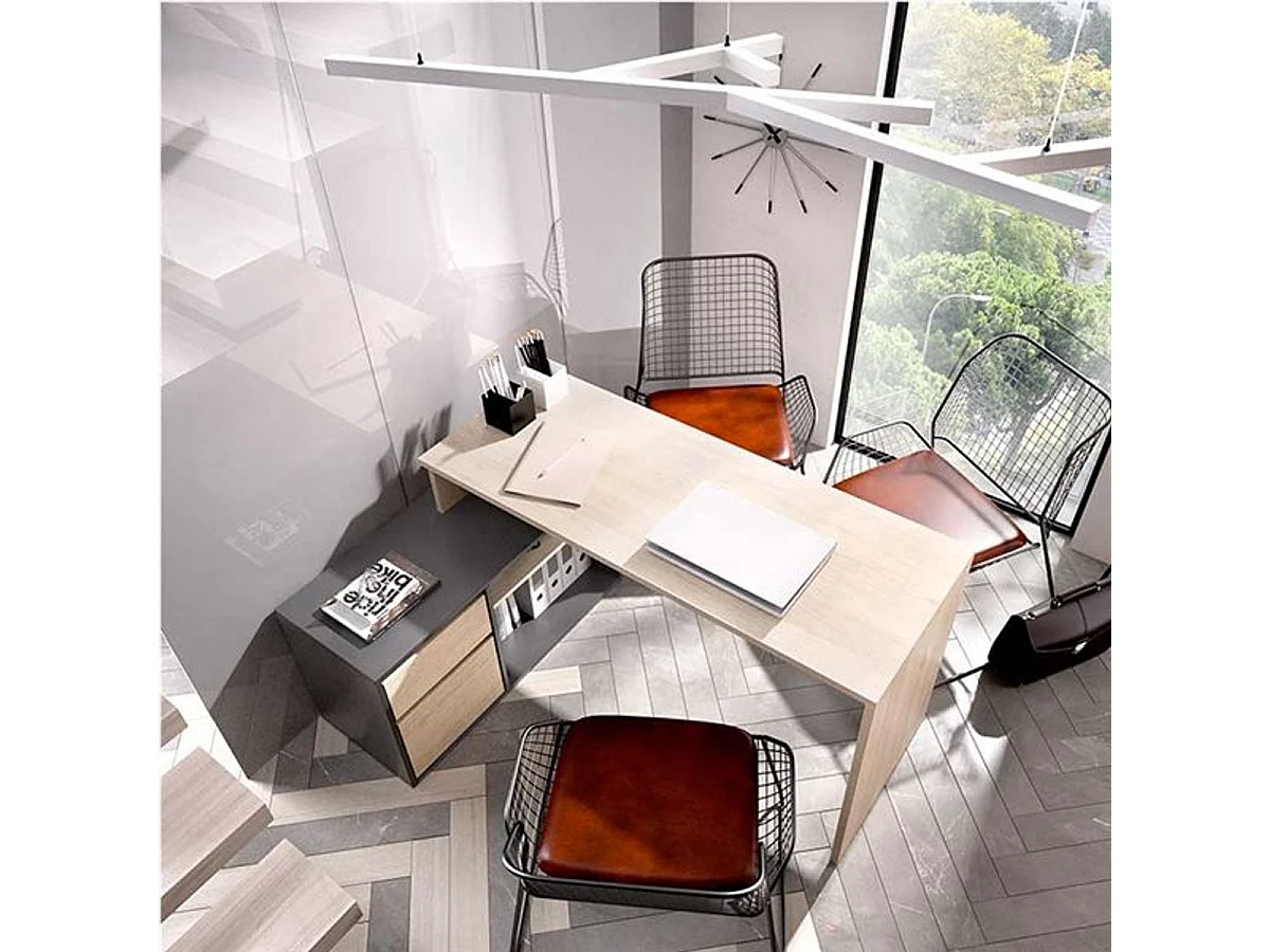 Escritorio de esquina reversible con almacenamiento lateral y cajón - Decoración de roble y gris - L 139 x P 92 x H 75 cm