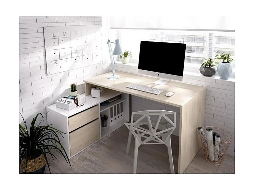 Bureau d'angle réversible avec rangement - Décor chene et blanc - L 139 x P 92 x H 75 cm - ROX