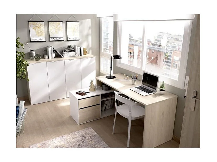 Bureau d'angle réversible avec rangement - Décor chene et blanc - L 139 x P 92 x H 75 cm - ROX